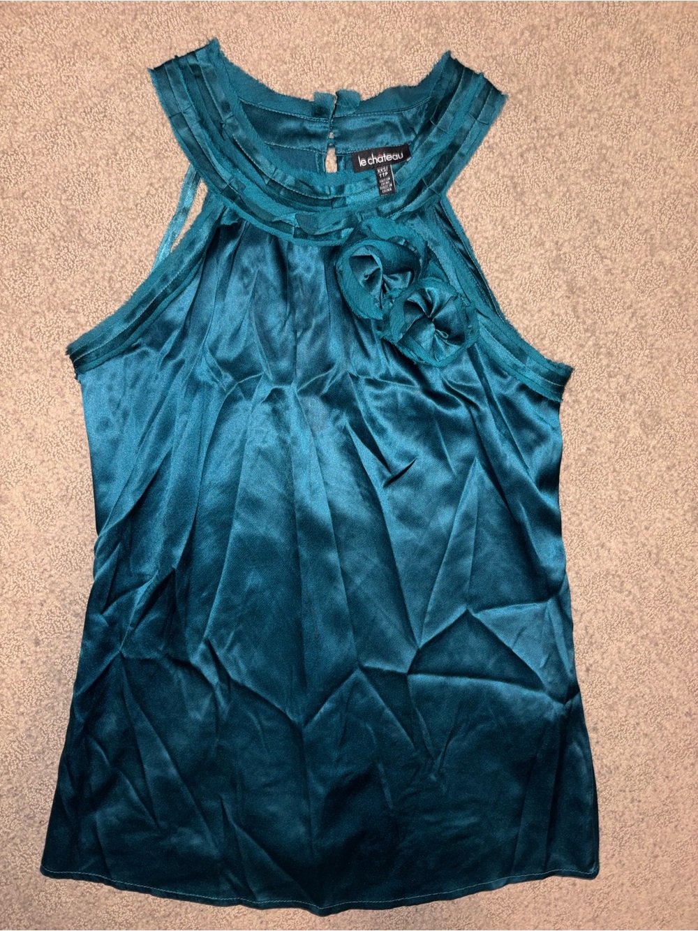 Le Chateau Teal Satin Pleated Neck Camisole (maybe nightgown) with Floral Accent